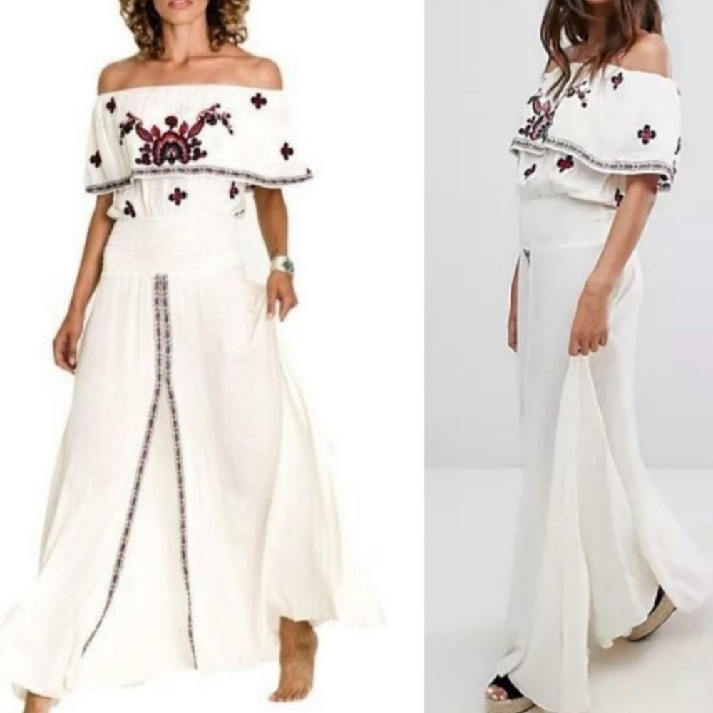 RAGA~NWT~Off The Shoulder Jumpsuit~Boho Embroidered~Off White Size Large